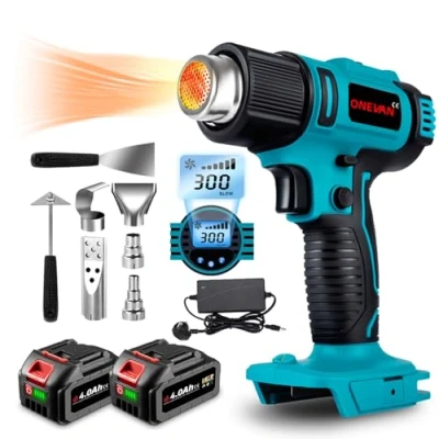 Image of Cordless Battery Hot Air Gun Heat Shrink 50 550C with LCD Digital Display, Wireless Blower Includes 5 Nozzles and 2 Scrapers