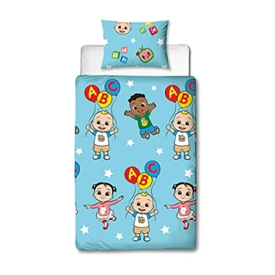Image of CoComelon Official Single Duvet Cover Friends Design Blue Reversible 2 Sided Bedding with Matching Pillow Case