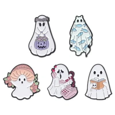 Image of Cute White Halloween Ghost Enamel Pins Cartoon Mushroom Flower Phone Pumpkin Bust Badge Lapel Pin Horror Art Design Brooches Metal for Party Gift