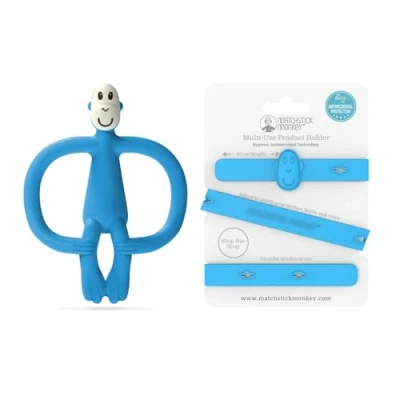 Image of Matchstick Monkey Antimicrobial Silicone Teether &amp; Gel Applicator, Easy Grip, BPA Free + Multi Use Holder Strap for Stroller, Car, Highchair, 3M+ (Blue)