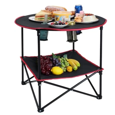 Image of Neloheac Double Layers Camping Table with 4 Cup Holders, Portable Round Folding Carry Bag, Collapsible Outdoor Foldable for Picnic Beach Tailgate
