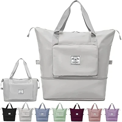 Image of Large Capacity Folding Travel Bag,Portable Foldable Lightweight Waterproof Oxford Fabric Duffel Bag Carry Luggage for Expandable Weekender Sports, Gym, Vacation (Grey)