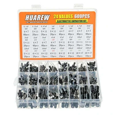 Image of HUAREW Aluminum Electrolytic Capacitor Assortment Kit 0.1uF 1000uF MFD 10 16 25 50 V volt(24 Values 600 Pcs)