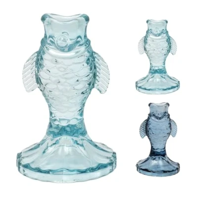 Image of Seashore Glass Fish Candle Holder Nautical Blue shaped Candlestick Tapered Dinner Stand 12cm Colour Varies One Supplied