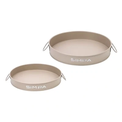 Image of simpa Round 2PC Metal Colour Serving Trays Set with Handles, 30cm &amp; 25cm Diameter Matt Mushroom