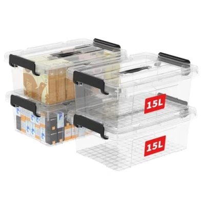 Image of Cetomo 15L*4 Storage Boxes, Carry Plastic Box with Lids, Organizing Container Handle and Secure Latching Buckles, Stackable, Nestable, Tote Bin for Home Office Clothes, 15L 4Pack, Gray