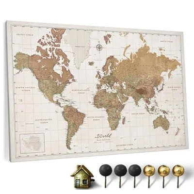 Image of CANVASCALE World Map Canvas with Cork Pin Board, Design 16, Coated, 90x60 cm
