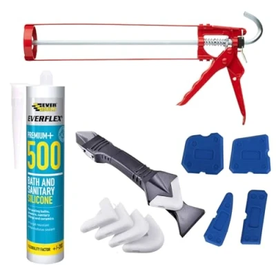 Image of Silicone Sealant Bundle With Gun, Everbuild Anti Mould Bathroom White 295ml, Finishing Touches Removal Tool and Smoothing Kit