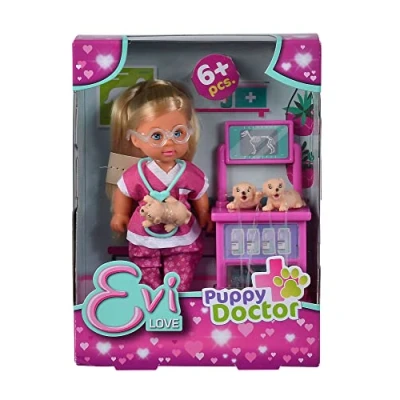 Image of Simba 105733647 Evi Love Puppy Doctor Toy Doll with Glasses, Three Puppies and a Treatment Table, Accessories, 12 cm, from 3 Years