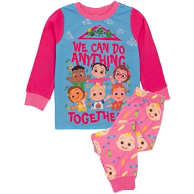 Image of CoComelon Girls Pyjama Set Kids Pink &amp; Blue Musical Loungewear T Shirt Pants PJ JJ Cece Bella Nico Nina Cody Long Sleeve Tee Leg Bottoms Clothing Pajama Cosy Nightwear Merchandise Gift