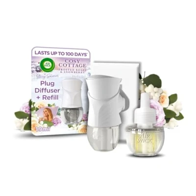Image of Air Wick Plug in Diffuser Kit, Cosy Cottage Frosted Roses &amp; Snowberry, 1 Device Refill (19ml), Long Lasting Fragrance, Lasts up to 100 days, freshener