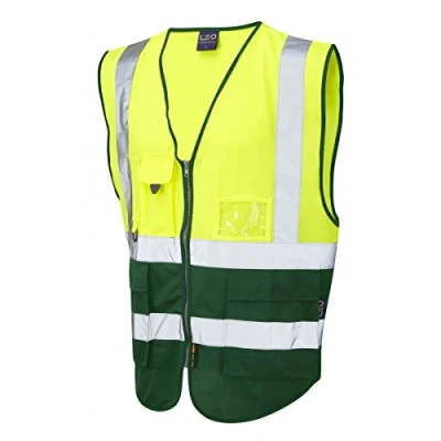 Image of Leo Workwear Lynton W11 Dual Colour Hi Vis Class 1 Multi pocket Superior Waistcoat, XXL, Yellow Bottle Green