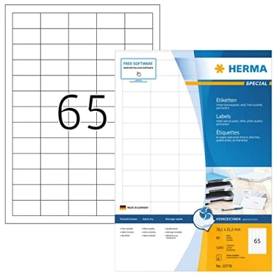Image of HERMA Self Adhesive Multipurpose Inkjet Labels, 65 Labels per A4 Sheet, 80 Sheets, 38.1 x 21.2 mm, 5200 Blank Universal Stickers, Sticky for Printer, White