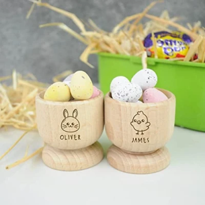 Image of Personalised Egg Cup, Engraved Wooden Easter Gift for Kids, Dippy Holder, Bunny Rabbit, Chick (Pack 2)