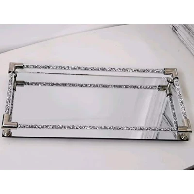 Image of Deenz Diamond Crushed Rod Mirrored Crystal Candle Tray Metal Corner 39X18Cm Rectangle Holder Elegant Addition Home Décor