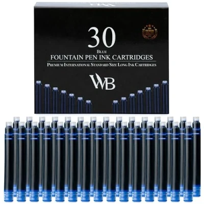 Image of Wordsworth &amp; Black Fountain Pen Ink Refills Set of 30 Blue Cartridges International Standard Size Length APPR 5.2 cm Base Diameter 0.6 Disposable and Generic