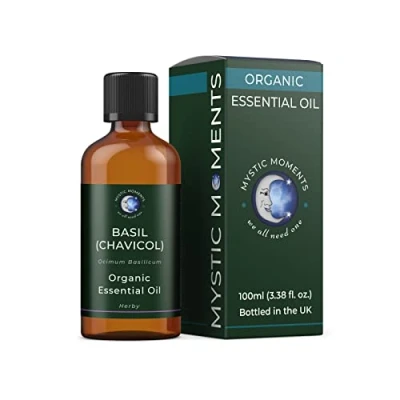 Image of Mystic Moments Organic Basil (Chavicol) Essential Oil 100ml Pure &amp; Natural for Diffusers, Aromatherapy Massage Blends Vegan GMO Free