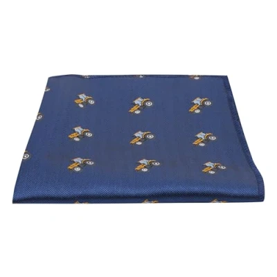 Image of King &amp; Priory Navy Blue Herringbone Embroidered Tractor Pocket Square, Handkerchief