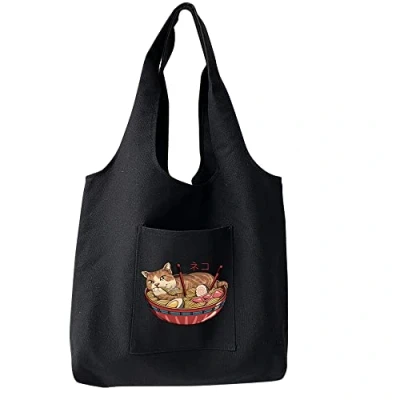 Image of FINDING CASE Reusable Heavy Duty Shopping Medium Tote Bag 100% Cotton Canvas with Strong Matching Handles,Shopping Bags Large Capacity Inner Pocket (Cat in Basket)