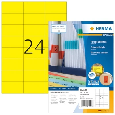 Image of HERMA Self Adhesive Coloured Labels, 24 Labels per A4 Sheet, 100 Sheets, 70 x 37 mm, 2400 Blank Colour Stickers, Sticky for Laser &amp; Inkjet Printer, Yellow
