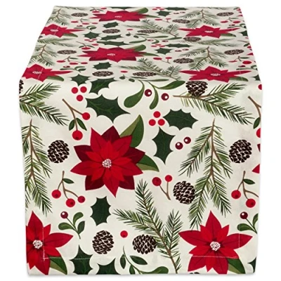 Image of DII Woodland Holly Christmas Holiday Kitchen &amp; Table Décor, Runner, 14x72, Poinsettia Greenery