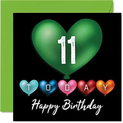 Image of Fun 11th Birthday Cards for Boys Girls Heart Balloons Happy Card Son Daughter Brother Sister Grandson Granddaughter Niece Nephew Cousin, 145mm x Greeting