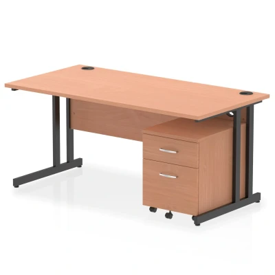 Image of Impulse 1600x800 Desk Beech/Black Cantilever Leg 2 Drawer Mobile Ped