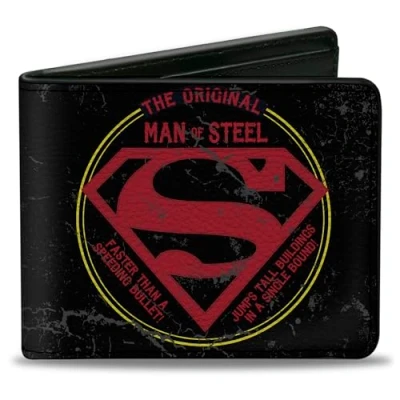 Image of Buckle Down Men&#039;s Dc Comics Wallet, Bifold, Superman the Original Man of Steel Badge Black Red Yellow, Vegan Leather, 4.0&quot; x 3.5&quot;, Superman,