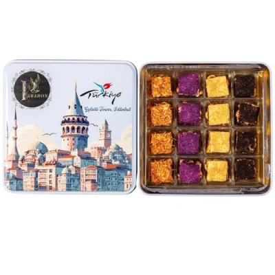 Image of PARAHON Lokum Diamond Turkish Delight Gift Box Mixed 280g Tin Tubs of Vintage Sweets Birthday Present include Pistachio, Milk Hazelnut &amp; More Eid Confectionery Christmas