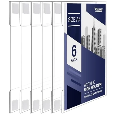 Image of Acrylic Sign Holder with Hook and Loop Adhesive, A4 Portrait or Landscape, Clear Wall Mounted Frame, Poster Display Holder, Plastic Message Board for Home, Office, Store, Restaurant (A4 6 Pack)