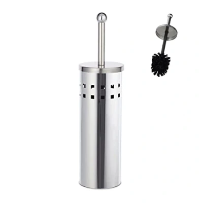Image of Relaxdays Round WC Accessory Set, Toilet Holder, Exchangeable Brush Head, Freestanding, Stainless Steel, Silver/Black, H x W D app. 39 10 cm