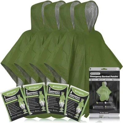 Image of aZengear Emergency Survival Poncho (4pc) Thermal Mylar Foil Coating Blanket for Heat Retention and Rain Reversible with Hood Waterproof, Windproof, Hands free, Outdoor Kit (Green)
