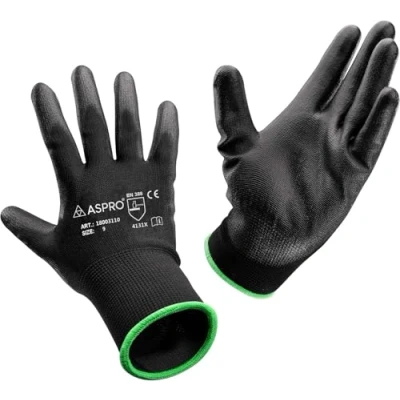 Image of ASPRO 20 Pairs Work and Gardening Gloves Black Nylon PU Coated Workwear for Builder, Gardener, Mechanic, Construction, Warehouse etc Size 10 (XL)