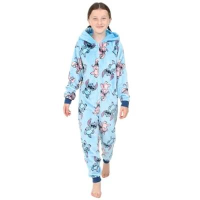 Image of Disney Girls Lilo and Stitch &amp; Angel Blue Fleece Sleepsuit Kids All in One (11 12 Years)
