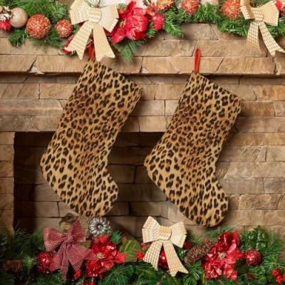 Image of Leopard Print Christmas Stockings Plush Xmas Fireplace Hanging Stocking For Party Decorations