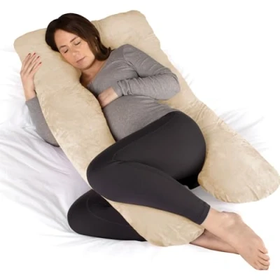 Image of Dreamcatcher Cream Grey Pregnancy Pillow, U Shaped Shredded Memory Foam Maternity Full Body Support Pillows for Sleeping, Machine Washable &amp; Removable Velvet Cover