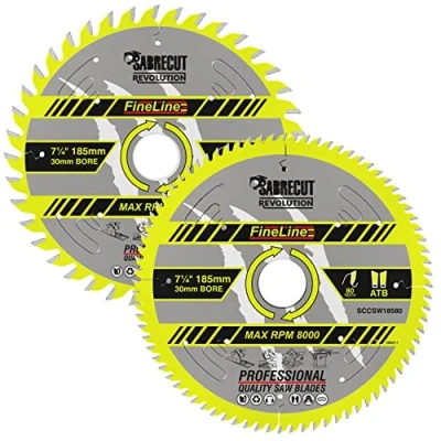 Image of 2 x SCCSW185K1 SabreCut 185mm 40T and 80T 30mm Bore Fineline Thin Kerf Wood Plywood MDF Chipboard Cross Cutting Rip Saw Blades Compatible with Dewalt Makita Milwaukee Many Others