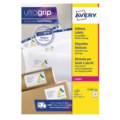 Image of Avery Printable, Customisable Address Mailing Labels (Amazon FBA Barcode Labels), Laser Printers,21 Per A4 Sheet, 10500 Labels, UltraGrip (L7160)