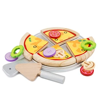Image of New Classic Toys 10597 Wooden Pretend Play Kids Set Cooking Simulation Educational Color Perception Toy for Preschool Age Toddlers Boys Girls, Multi Colour Colour, Large Pizza