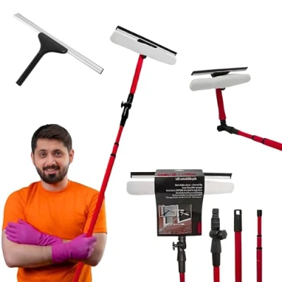 Image of 3.5M Professional Telescopic Extending Window Cleaner Kit Heavy Duty Aluminium Extendable Pole, Soft Head Squeegee &amp; Rubber Mop for High and Glass Cleaning Indoor/Outdoor