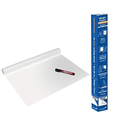 Image of Legamaster Magic Chart Paperchart foil static self adhesive white 80x60cm wipeable and rewritable incl. 1 board marker 25 sheets on a roll