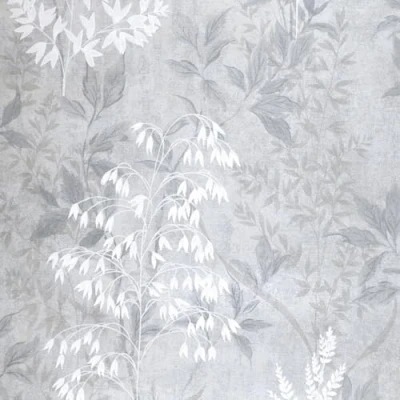Image of Floral Leaves Grey Silver Wallpaper Botanical Leaf Naturistic Metallic Shine Effect Stylish Trendy Feature Wall