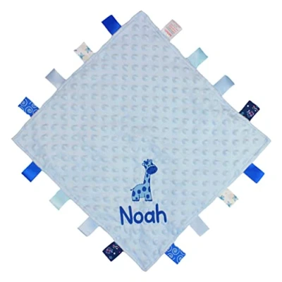 Image of TeddyTs Personalised Giraffe Baby Taggy Ribbon Comforter Blanket (Blue), One Size