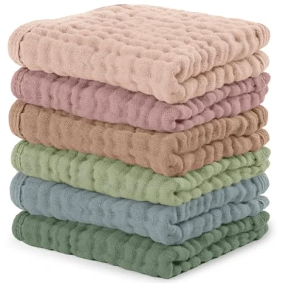 Image of Baby Washcloths, Muslin Cotton Towels, Large 10x10 Wash Cloths Soft on Sensitive Skin, Absorbent for Boys &amp; Girls, Newborn Toddlers Registry Gift (Multicolor, 6 Pack, 25 X CM)