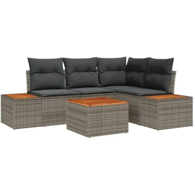 Image of vidaXL 5 Piece Garden Sofa Set with Cushions Grey Poly Rattan Acacia