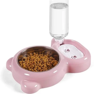 Image of Keep Your Pet Hydrated &amp; Fed with This Double Bowl Set Automatic Water Dispenser Bottle! (Pink)