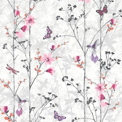 Image of Eden Pink Floral Wallpaper Flowers Butterflies Birds Naturistic Trees Modern Contemporary Feature Wall