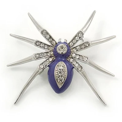 Image of Avalaya Stunning Crystal, Purple Enamel &#039;Spider&#039; Brooch in Rhodium Plating 55mm W
