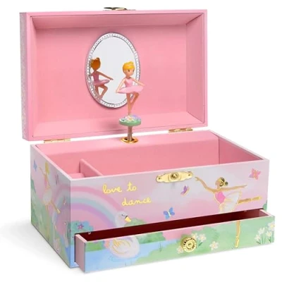 Image of Jewelkeeper Girl&#039;s Musical Jewellery Storage Box with Pull out Drawer, Rainbow &amp; Gold Foil Design Ballerina Swan Lake Tune Child Boxes, Box, Pink