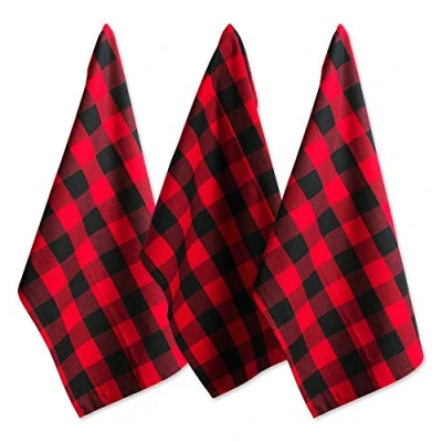 Image of DII Buffalo Check Kitchen Collection, Classic Farmhouse Dishtowel Set, 20x30, Red &amp; Black, 3 Piece